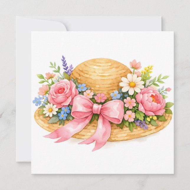Tarjeta Sombrero de acuarela con flores floreciendo  (Anverso)