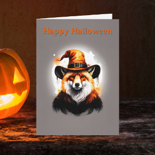Tarjeta Sombrero de Bruja Naranja Zorro Caprichoso Hallowe