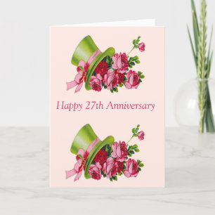 Tarjeta Sombrero de copa y flores, 27mo aniversario feliz