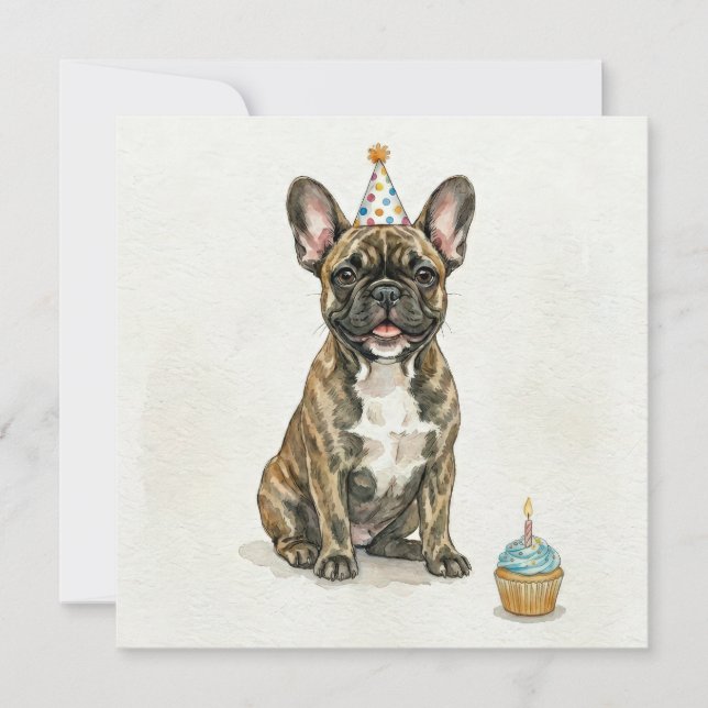 Tarjeta Sombrero de Cumpleaños de Perro Francés Atigrado C (Anverso)
