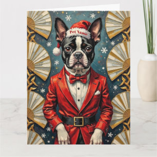 Tarjeta Sombrero de Navidad Art Déco de Terrier de Boston