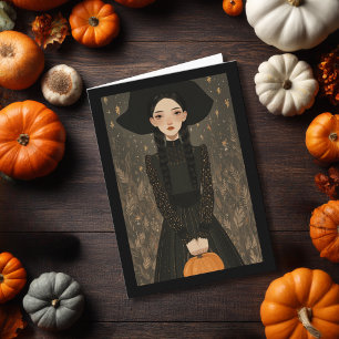 Tarjeta Sombrero de niña bruja linda y calabaza Halloween