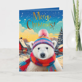Tarjeta Sombrero de oso polar y bufanda Feliz Navidad