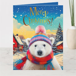 Tarjeta Sombrero de oso polar y bufanda Feliz Navidad