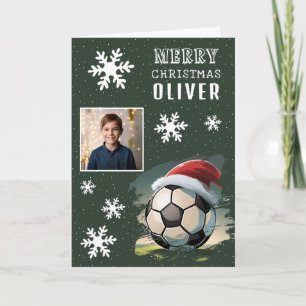 Tarjeta Sombrero de Santa Balón de Fútbol Foto de Niños Na