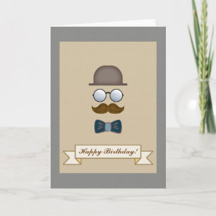 Tarjeta Sombrero superior, bigote, gafas y amarre cumpleañ