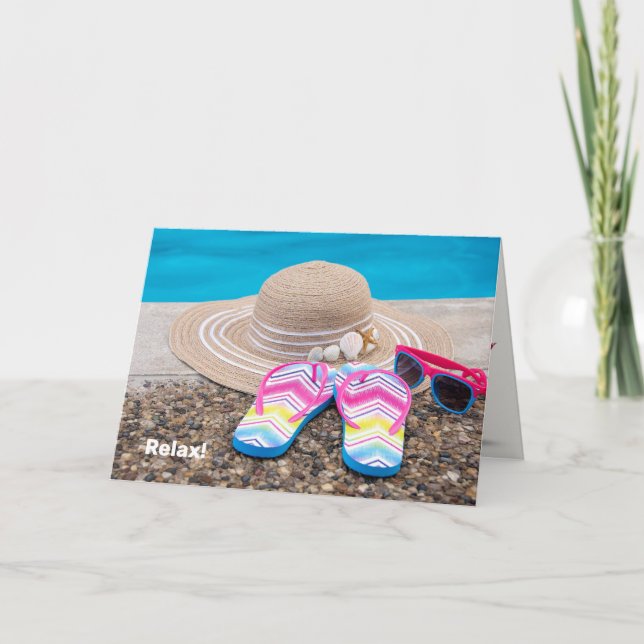 Tarjeta sombrero y chanclas junto a la piscina de cumpleañ (Anverso)