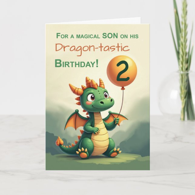 Tarjeta Son 2do cumpleaños Tapón Dragón aguantando globo (Anverso)