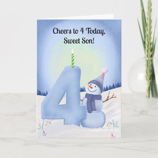 Tarjeta Son 4th Birthday Snowman with Snowy Four (Anverso)