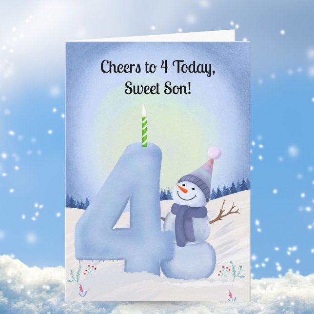 Tarjeta Son 4th Birthday Snowman with Snowy Four (Subido por el creador)