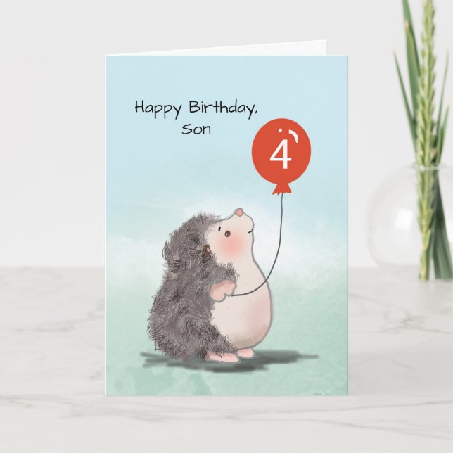 Tarjeta Son 4to cumpleaños Cute Hedgehog con globo (Anverso)