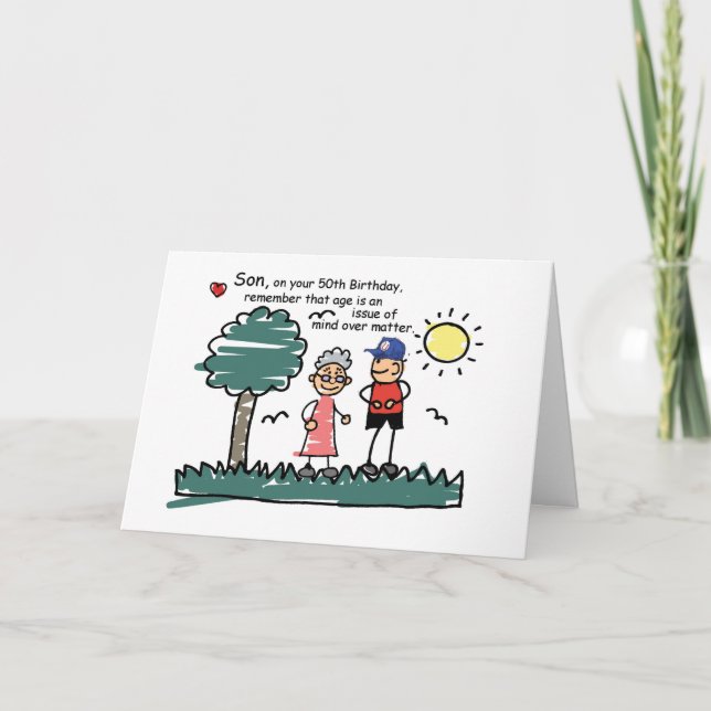 Tarjeta Son 50.º cumpleaños figuras de palos humorísticos (Anverso)
