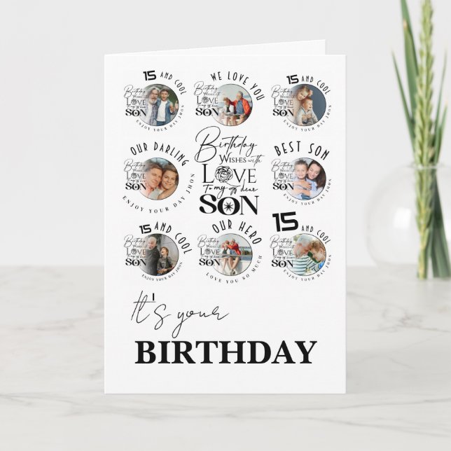 Tarjeta Son Birthday 8 Photo Collage Typography  (Anverso)