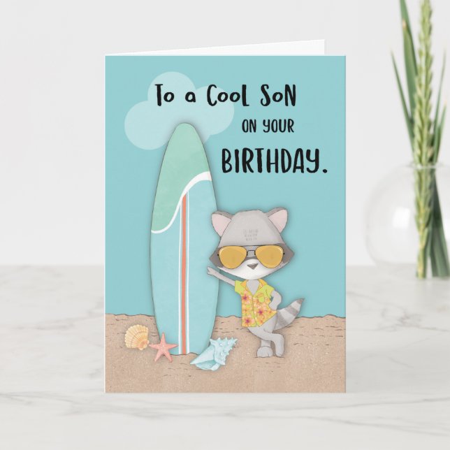 Tarjeta Son Birthday Beach Guay Raccoon en gafas de sol (Anverso)