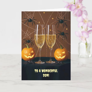 Tarjeta Son Halloween Saludos Jack O Lanterns Spiders