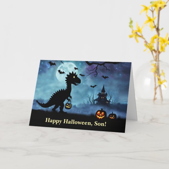Tarjeta Son Happy Halloween Dinosaur Cute (flor amarilla)
