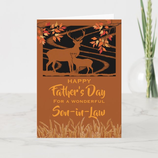 Tarjeta Son in Law Father’s Day Deer in Field Fall Leaves (Anverso)