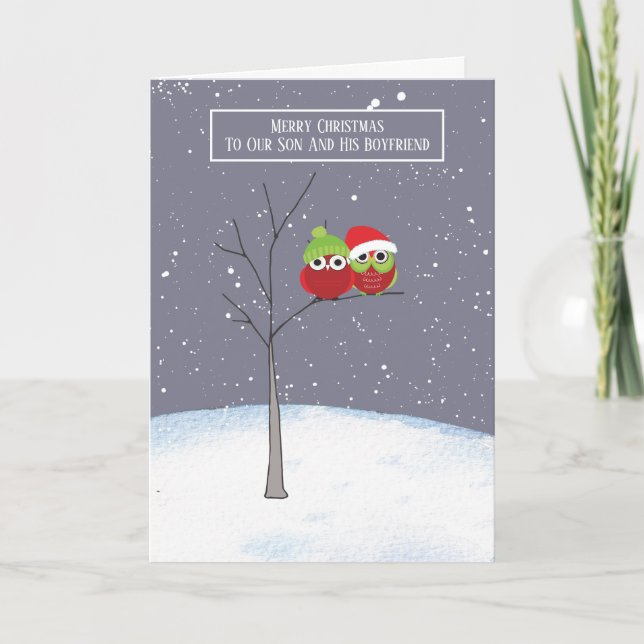 Tarjeta Son y sus novios Navidades de la pareja de búhos (Anverso)