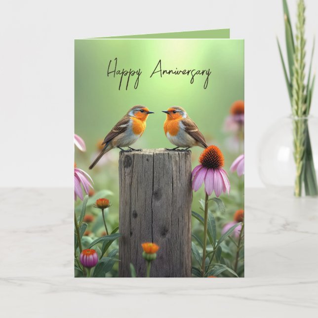 Tarjeta Songbirds en aniversario por una cerca (Anverso)