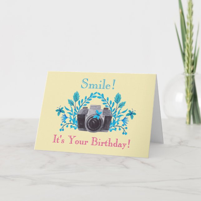 Tarjeta ¡Sonríe! Es tu cumpleaños Cámara Tema de cumpleaño (Anverso)