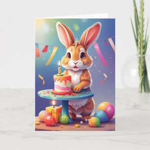 Tarjeta Sonriente conejo lindo con torta