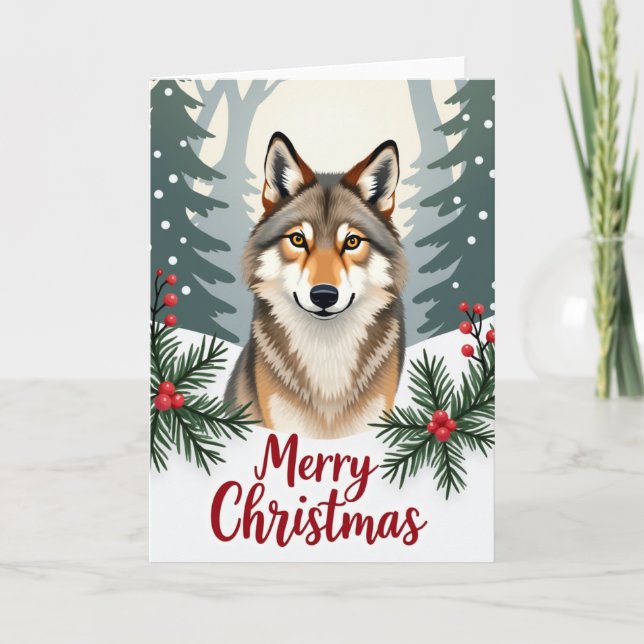 Tarjeta Sonriente Wolf Merry Christmas Card Winter Woods (Anverso)