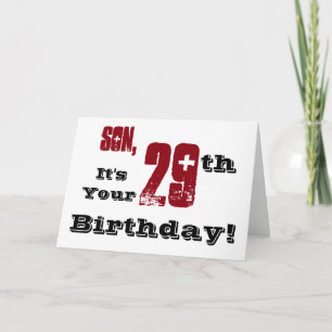 Tarjeta Son's 29th birthday greeting in black, red, white.