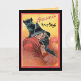 Tarjeta Sorprendida bruja y gato negro