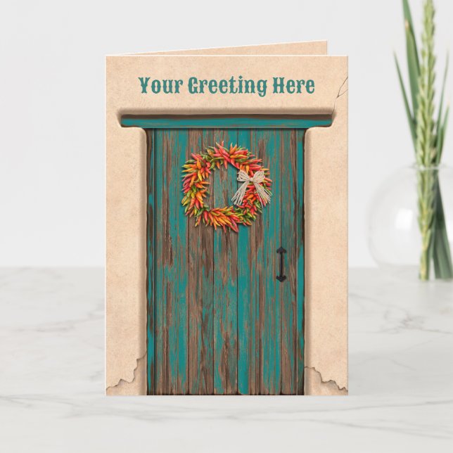 Tarjeta Southwest Chile Ristra Wreath on Rustic Blue Door (Anverso)