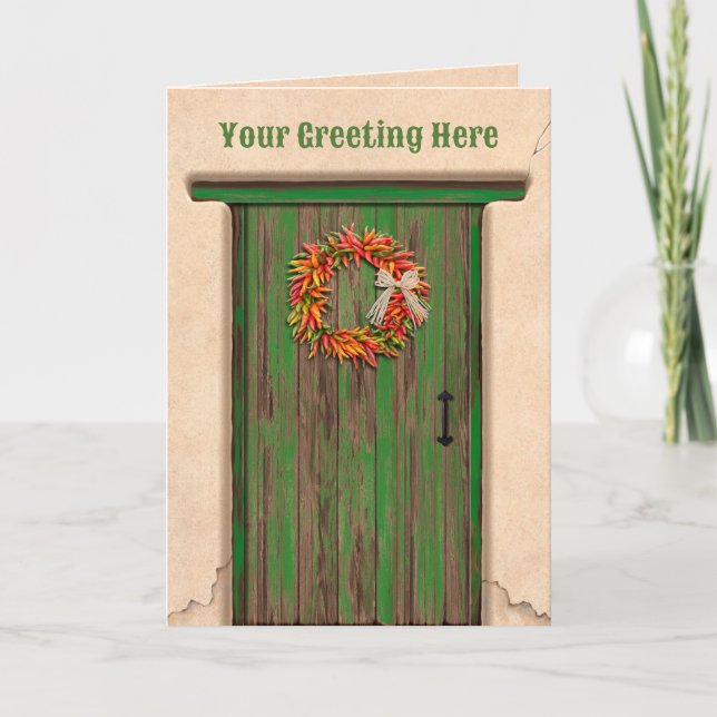 Tarjeta Southwest Chile Ristra Wreath on Rustic Green Door (Anverso)