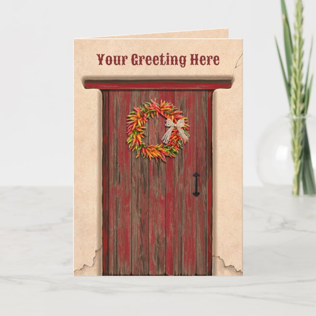 Tarjeta Southwest Chile Ristra Wreath on Rustic Red Door (Anverso)