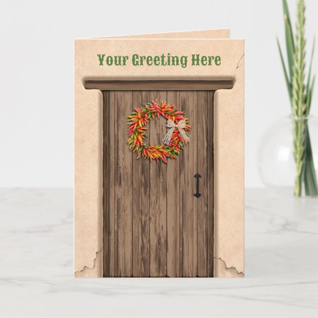 Tarjeta Southwest Chile Ristra Wreath on Rustic Wood Door (Anverso)