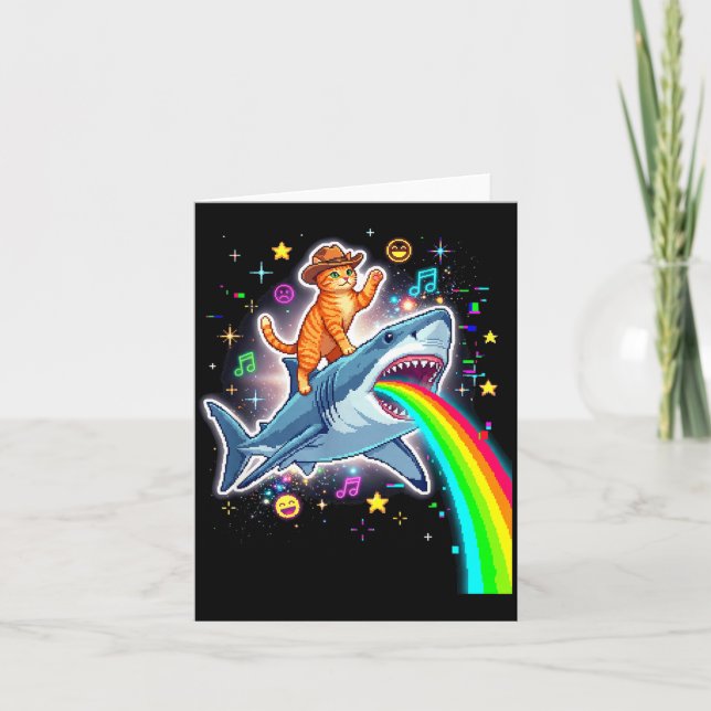 Tarjeta Space Cowboy Cat Riding Shark Rainbow Xel Art  (Anverso)