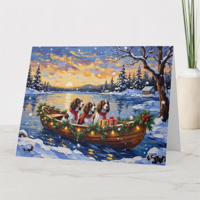 Tarjeta Spaniel de Springer Navidad Barco Fiesta (Anverso)