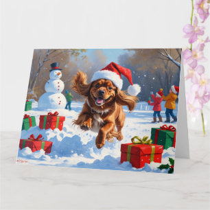 Tarjeta Spaniel Tibetano Corriendo en la Nieve con Sombrer