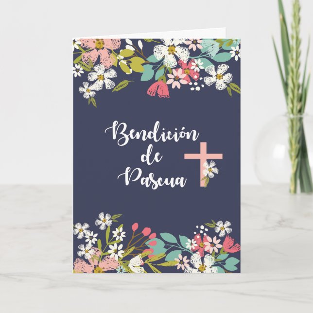 Tarjeta Spanish Easter Blessings with Flowers on Navy (Anverso)