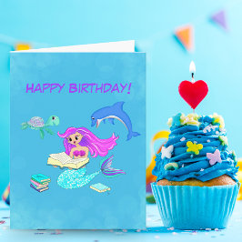 Tarjeta Sparkling Mermaid leyendo libros Happy Birday