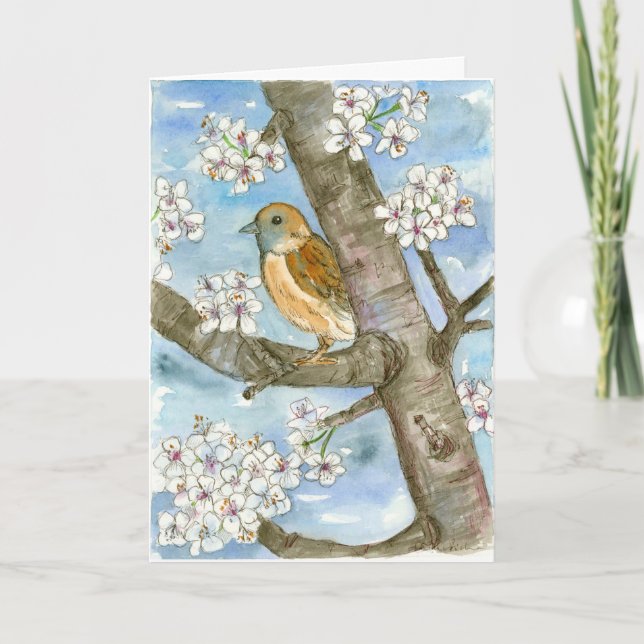 Tarjeta Sparrow Bird Spring Flowday Feliz cumpleaños (Anverso)