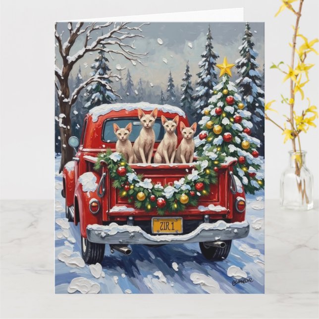 Tarjeta Sphynx Cat Christmas Red Truck Holiday (flor amarilla)