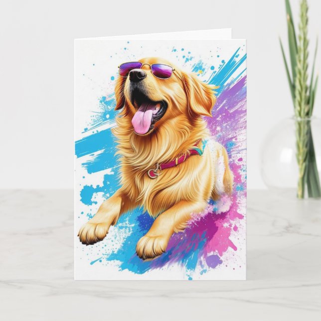 Tarjeta Splash Art Golden Retriever With Sunglasses Blank (Anverso)
