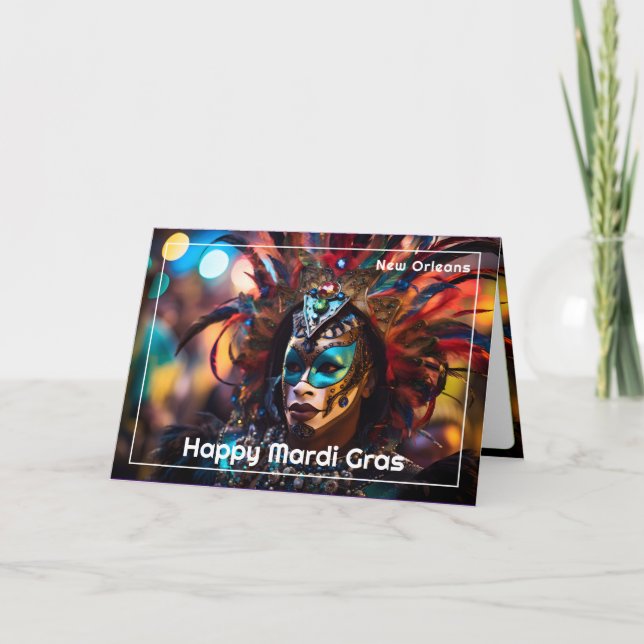 Tarjeta 💚 💜 💛 Splendor de plumas: Opulencia del Mardi G (Anverso)