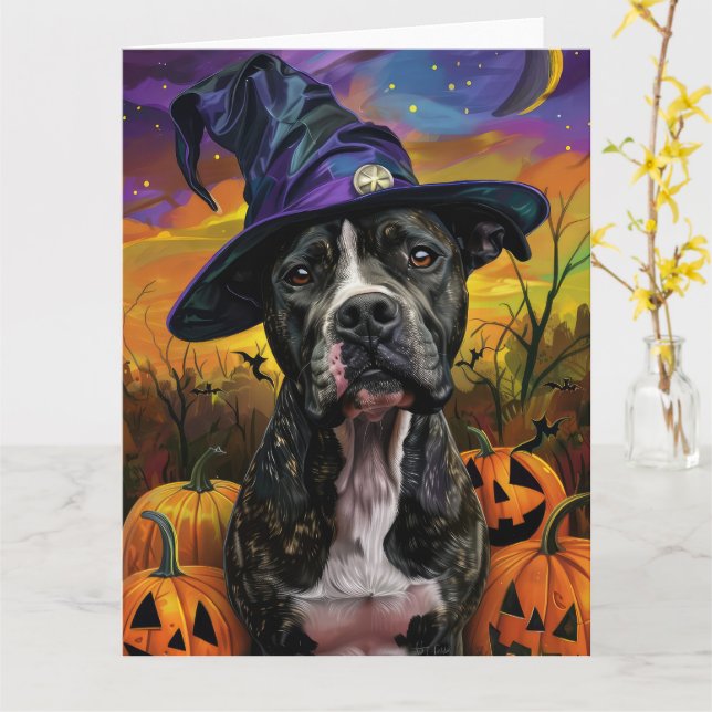 Tarjeta Spooky American Staffordshire Halloween (flor amarilla)