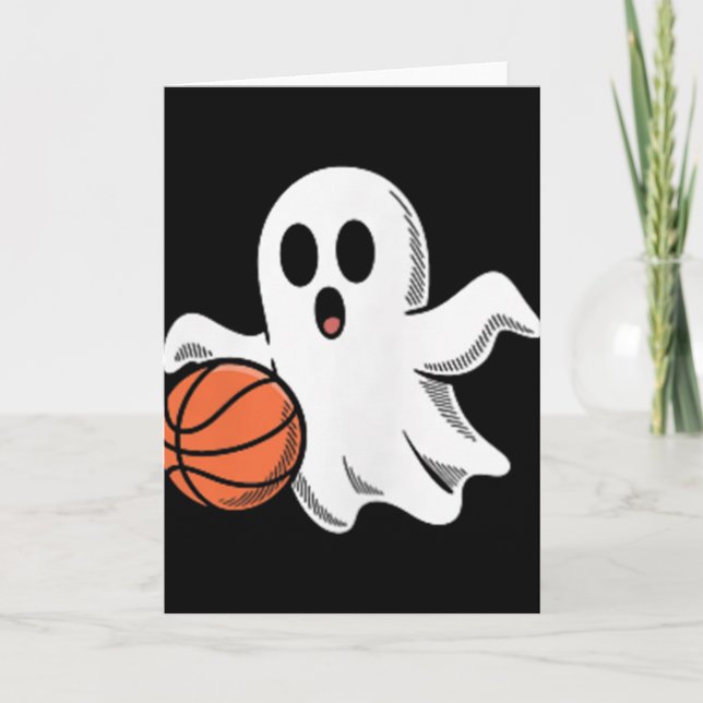 Tarjeta Spooky Ghost Playing Basketball Retro Halloween Co (Anverso)