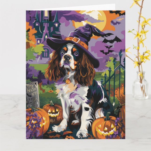 Tarjeta Spooky Springer Spaniel Halloween Witch Pumpkin (flor amarilla)