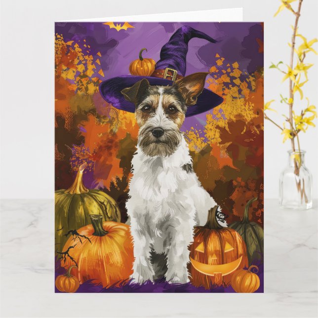 Tarjeta Spooky Wirefox Terrier Dog Halloween Bruja Calabaz (flor amarilla)