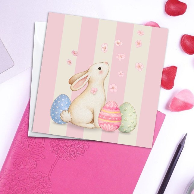 Tarjeta Spring Bunny and Eggs Stripes Square Easter Card (Subido por el creador)