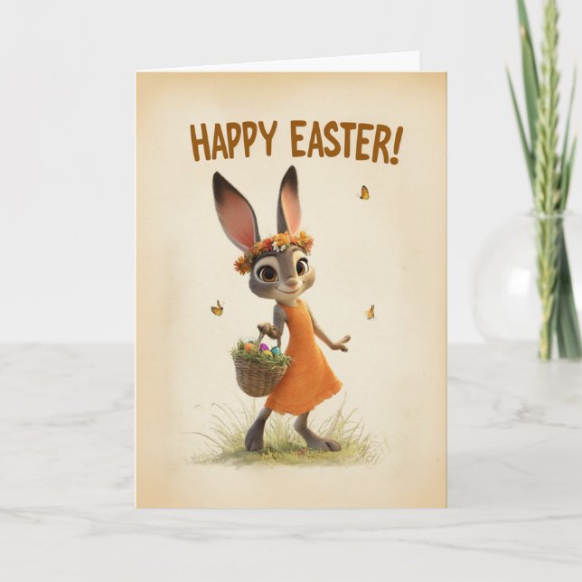 Tarjeta Spring Meadow Bunny with Basket Easter Card (Anverso)