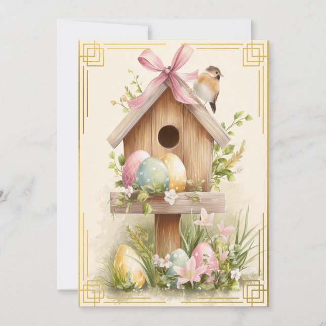 Tarjeta Spring Nest – Easter Birdhouse Delight (Anverso)