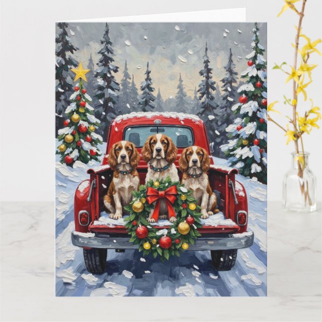 Tarjeta Springer Spaniel Christmas Red Truck Holiday (flor amarilla)
