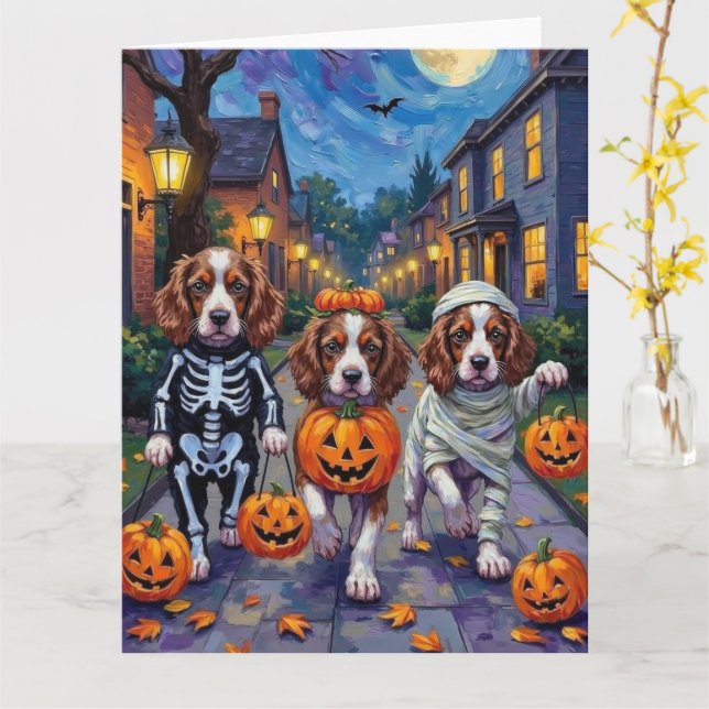 Tarjeta Springer Spaniel Dogs In Halloween Costumes (flor amarilla)